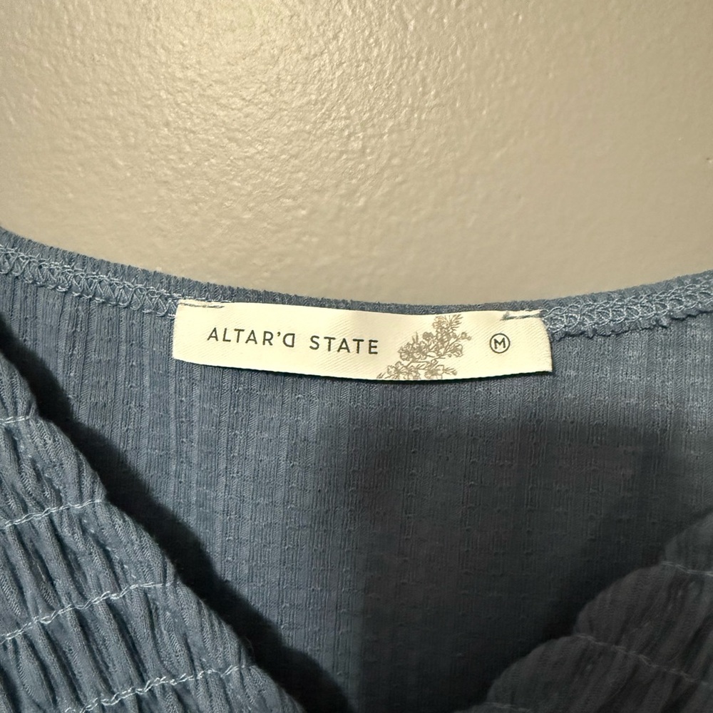 Altar'd State Dusty Blue Smocked Peplum Women's Top - Picture 2 of 3